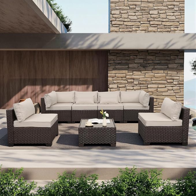WAROOM Outdoor Patio Furniture Set 7 Pieces Wicker Sectional Sofa Brown Rattan Conversation Couch with Coffee Table, Anti-Slip Thick Beige Cushion