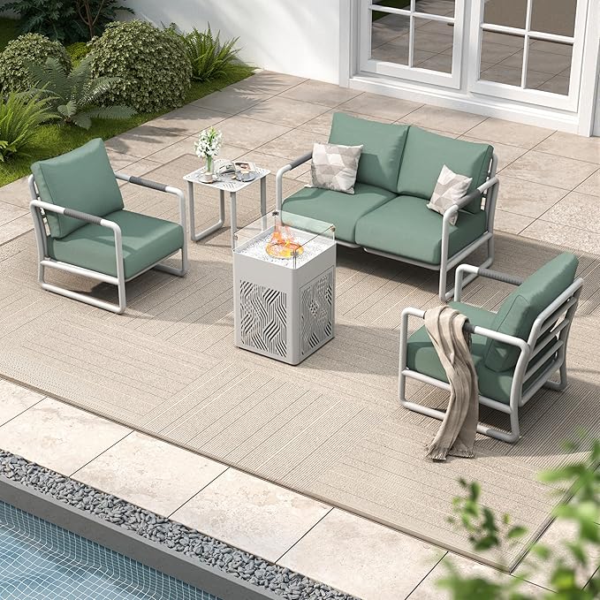 MBY Outdoor Aluminum Patio Furniture Set, 4-Seats Patio Conversation Sofa Set with 45,000 BTU Fire Pit Table w/Glass Wind Guard, All Weather for Pool, Balcony, Garden-White