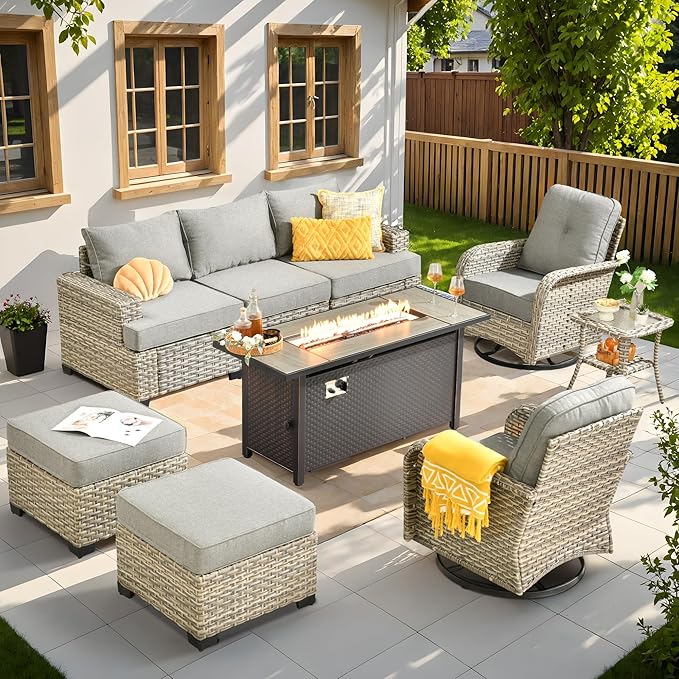 9 Pcs Outdoor Sectional Patio Furniture Set with Fire Pit Table and Swivel Rocking Chairs - All Weather Wicker Modular Outside Sectional Sofa Couch,Patio Seating Outdoor Conversation Sets,Dark Grey