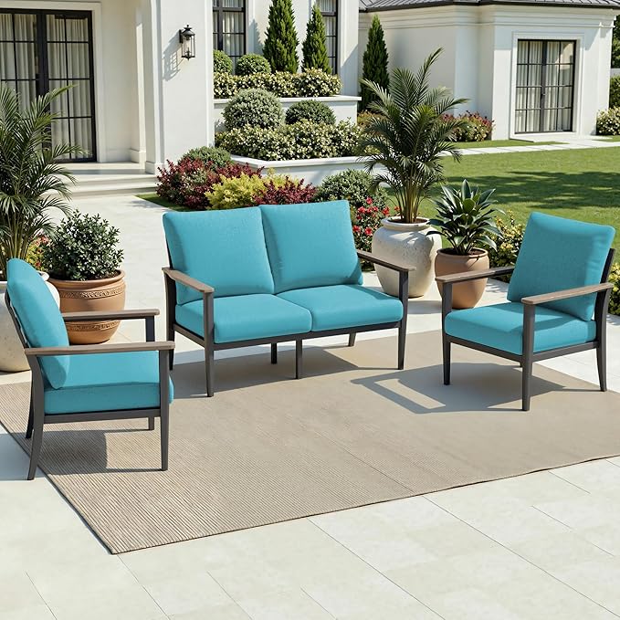 4-Seat Outdoor Patio Furniture Set Aluminum Sectional Sofa Set, Patio Conversation Set with High Backrest & Thickened Cushions for Garden, Backyard, Poolside, Turquoise