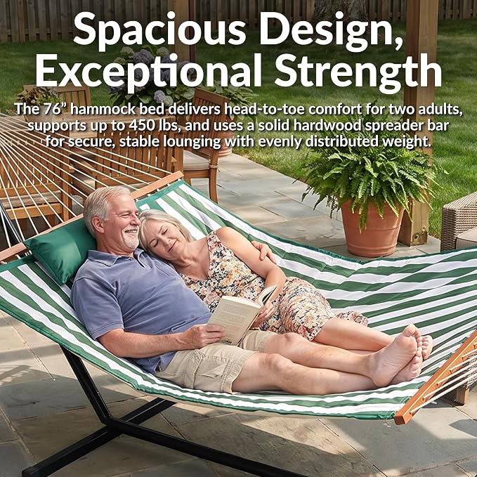 Sunnydaze Rope Double Hammock with Stand for Outside - Heavy Duty Freestanding Portable Outdoor Hammock Set with Quilted Pad, Pillow, and 12-Foot Steel Frame - 450 lb Capacity - Green & White Stripe