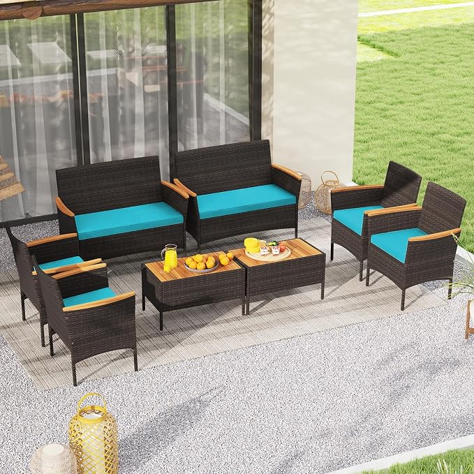 Tangkula 4 Pieces Patio Wicker Sofa Set, 2 Rattan Chairs & Loveseat w/Coffee Table, Acacia Wood Armrests & Tabletop, Outdoor Cushioned Conversation Set for Backyard, Poolside (Turquoise, 4 Pieces)