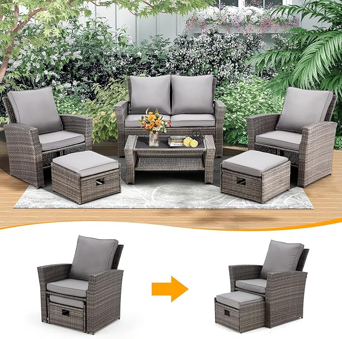 GYUTEI 6 Pieces Patio Furniture Set, Outdoor Sectional Conversation Rattan Sofa Set with Ottoman and Outdoor Storage Table for Garden, Porch, Backyard (Dark Gray)