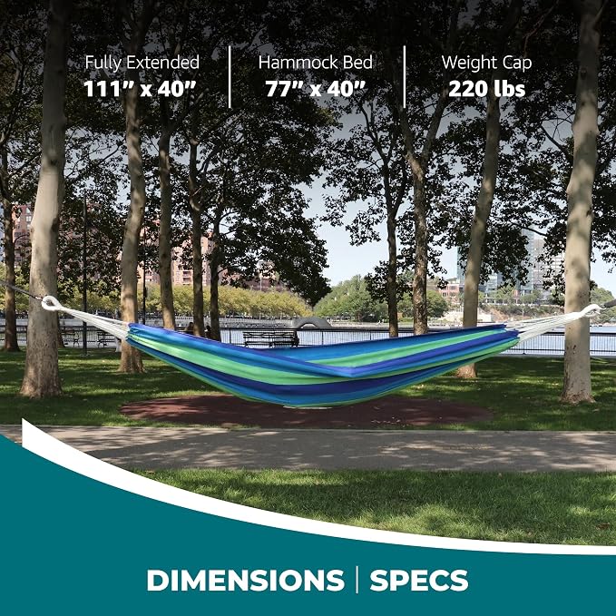 Bliss Hammocks 40" W Single Outdoor Hammock with Universal Multi-Loop Suspension with "S" Hooks, Durable, Cotton/Polyester, 220 Lbs Capacity, Seabreeze
