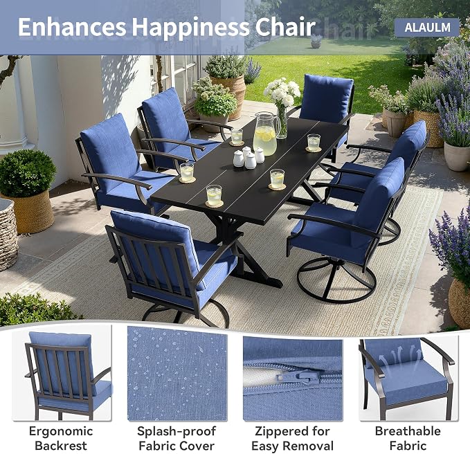 ALAULM 7-Piece Patio Dining Set,Outdoor Metal Dining Set with 6 Swivel Chairs & Rectangle Table with 1.5 Umbrella Hole, Patio Dining Table and Chairs for Backyard,Navy