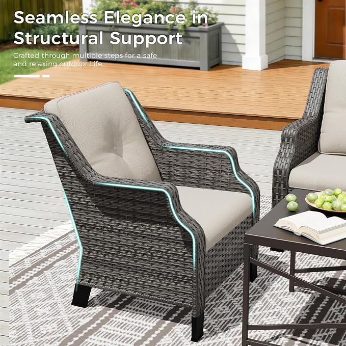 Outdoor Patio Chairs Set of 2, Wicker Patio Furniture with Thick Cushions, Curved Armrest, Deep Seating, Rattan Outdoor Chairs for Porch, Deck, Balcony