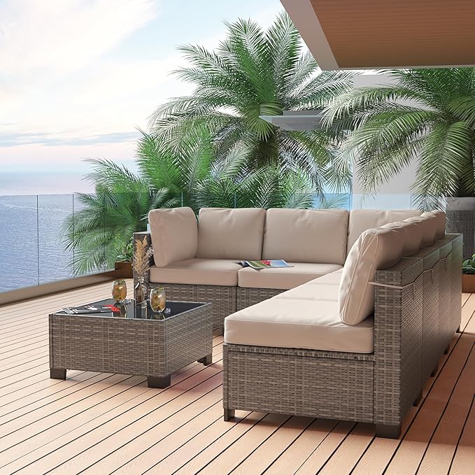 GarveeHome 7 Piece Patio Furniture Set, PE Rattan Wicker Sectional Sofa Set with Cushions & Glass Top Coffee Table, Outdoor Conversation Furniture for Garden, Balcony, Porch, Backyard