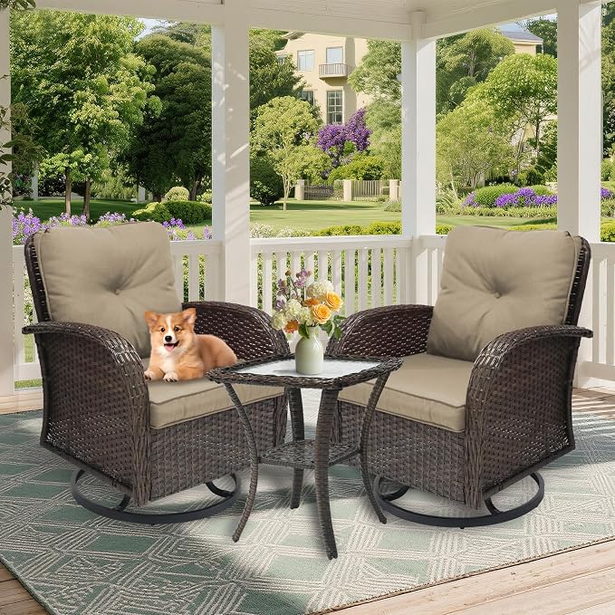 Outdoor Swivel Rocker Patio Chairs 3 Pieces，Swivel Patio Chairs with Cushions，Outdoor Swivel Rocking Chairs Set of 2 with Rattan Side Table，Patio Furniture Set for Outside Porch Deck