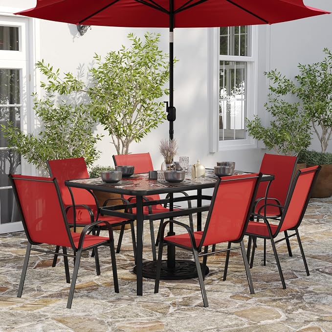 Merrick Lane Bardwell 7-Piece Outdoor Dining Table Set for 6, Glass Top Table with Hole for Umbrella, 6 Breathable Textilene Stackable Patio Chairs, Red/Black