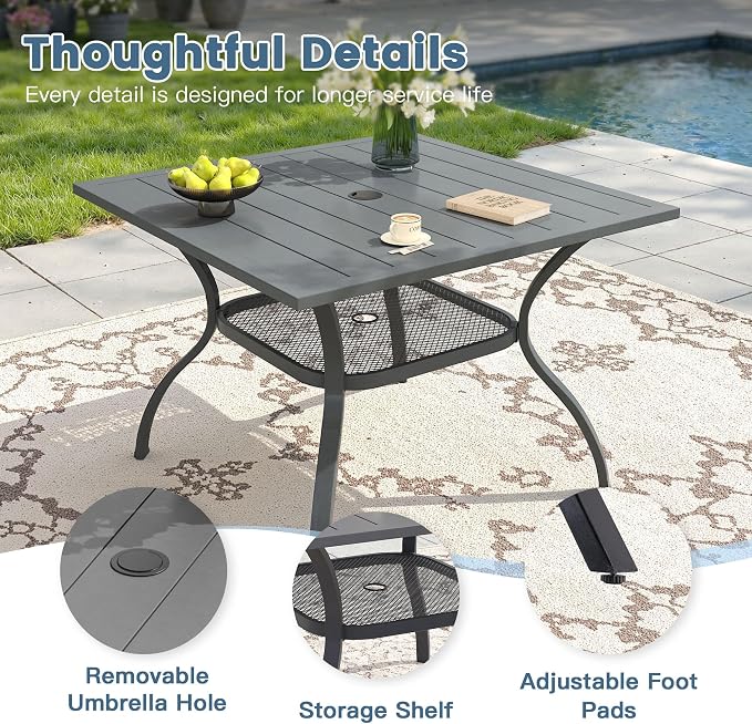DIFY 5 Pieces Outdoor Dining Set, Metal Patio Table and Chairs Set for 4 with Umbrella Hole, 37.8" Square Dining Table and Textilene Stackable Patio Chairs for Garden Backyard Poolside, Grey