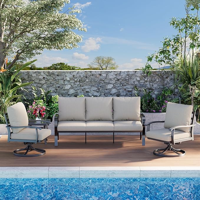 HOMREST Patio Furniture Sets 4 PCS Outdoor Metal Conversation Sets, 360 Degree Swivel Rocking Chairs Patio Conversation Set with Coffee Table and 3-Seat Sofa for Garden, Deck and Poolside