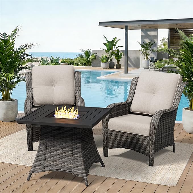 3 Pieces Outdoor Wicker Patio Furniture Set with Fire Pit Table, Patio Chair Set with Thickened Olefin Cushions, High Back and Deep Seating, Hand-Woven PE Rattan for Porch, Deck
