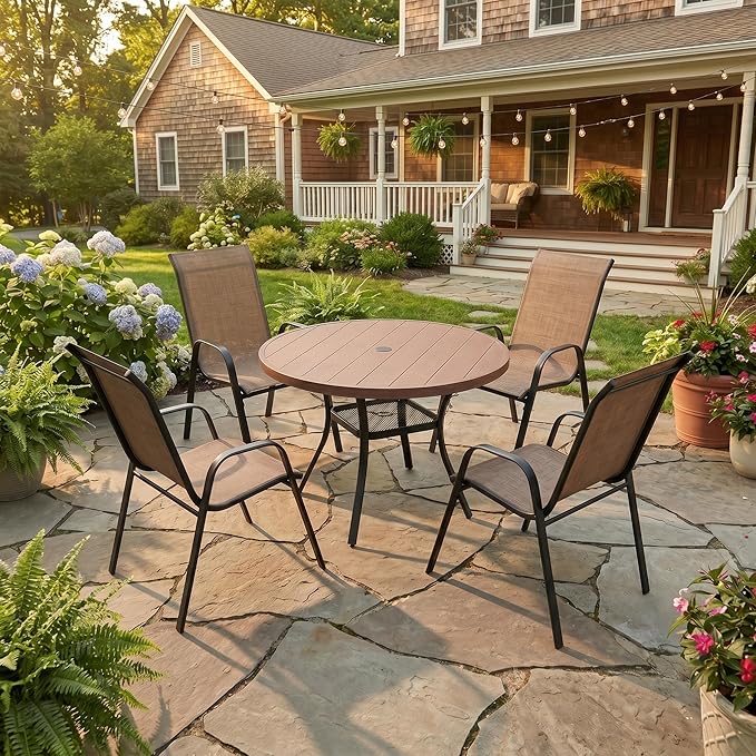 VICLLAX Patio Dining Set for 4, All Weather Metal 5 Pieces Patio Set-40.6" Round Outdoor Table and Stackable Chairs for Lawn Garden and Backyard, Walnut Wood Grain Tabletop