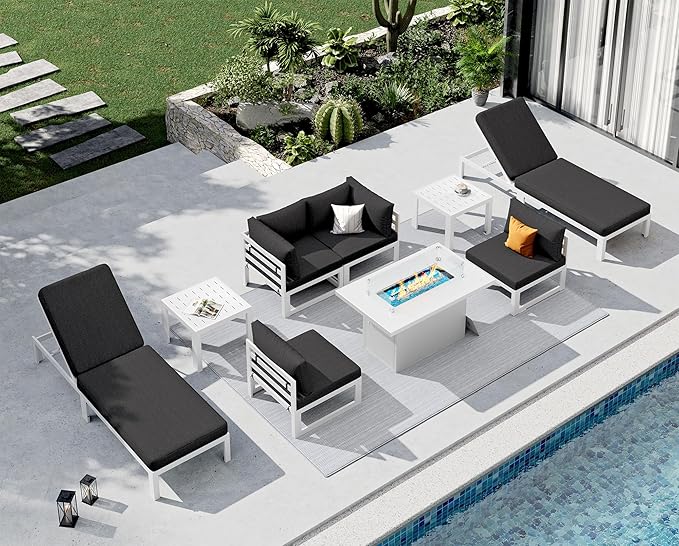 NICESOUL 9 Piece Modern Aluminum Outdoor Patio Furniture Set with Lounger & Fire Pit Table, Extra Large All-Weather Modular Sectional Couch, 29" Wide Deep Seating Conversation Sofa for Poolside, Black