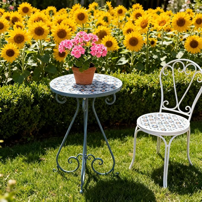 Vintage Outdoor Side Table Round Mosaic Ceramic Tile Top 14" Diameter Metal Plant Stand for Flower Pots Vase Garden Home Porch Pool Indoor Decor Weather Resistant Outside Patio Accent End Furniture