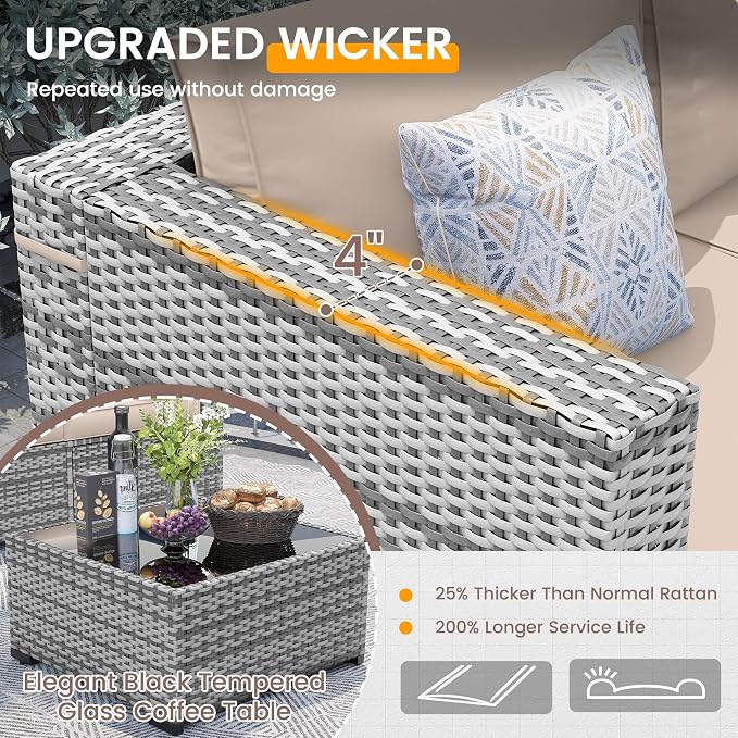 UDPATIO Patio Furniture Set with 44'' Fire Pit Table, 8 PCS Outdoor Sectional Furniture Sets, Outdoor Conversation Set PE Rattan Sofa for Backyard W/Coffee Table (Beige Cushions with Grey Rattan)