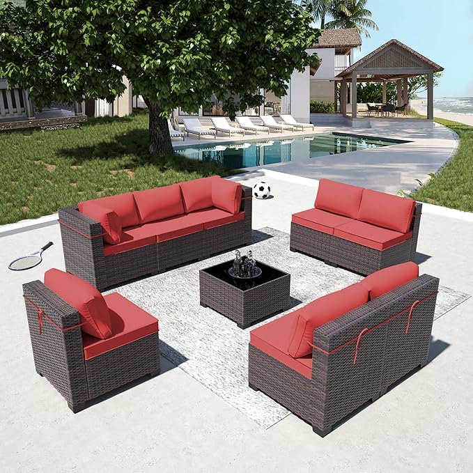 9 Pieces Outdoor Patio Furniture Set,Outdoor Sectional Furniture All Weather PE Rattan Wicker Patio Conversation Set with Coffee Table and 8 Thickened Cushions,Red