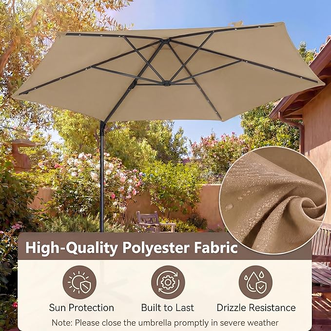HAPPYGRILL 10 FT Patio Umbrella with Solar Lights, Outdoor Offset Cantilever Umbrella with White LED Lights, 360 Degree Rotation, Air Vent for Pool Deck Garden Backyard