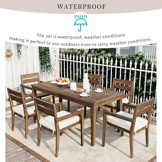 RUNNA 7-Piece Outdoor Dining Table Set with Acacia Tabletop and 6 Chairs Indoor and Outdoor Furniture Sets,for Patio, Balcony Or Backyard. (Burly Wood@015)