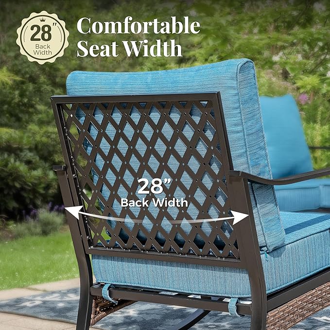 Patio Furniture Set with Fire Pit Table, 4 PCS Metal Outdoor Conversation Set with 5.75'' Extra Thick Cushion, 2 Rocking Chairs, Loveseat Sofa and Gas Fire Pit Table, Pacific Blue