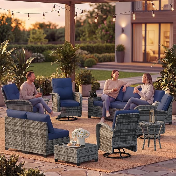 LazySunsets 12 PCS Patio Furniture Set, Outdoor Sectional All-Weather Wicker Conversation Set with Swivel Rocker Chairs, 4'' Thick Cushions for Backyard Poolside(Navy/Grey)