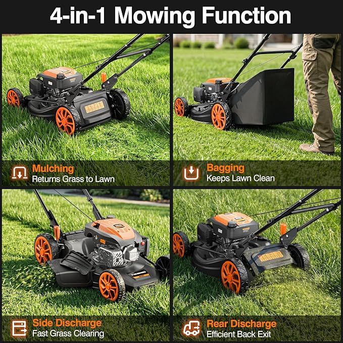 21-Inch Gas Lawn Mower Self Propelled, 170CC 4-in-1 Mulch/Rear Bag/Side Discharge/Rear Discharge, 7-Position Cutting Height, Foldable Gas Powered Lawn Mowers with Bag, Walk-Behind Gas Lawnmower