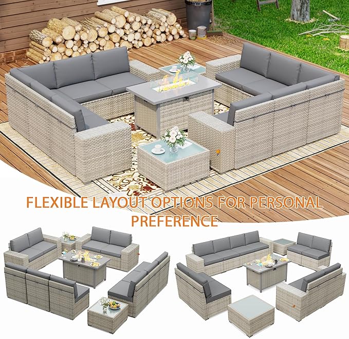 13 Piece Patio Furniture Set, 8" Wide Arm Sectional Sofa Set with 50000 BTU Propane Fire Pit Table & Coffee Table, Rattan Outdoor Conversation Set for Garden, Porch, Lawn, Gray