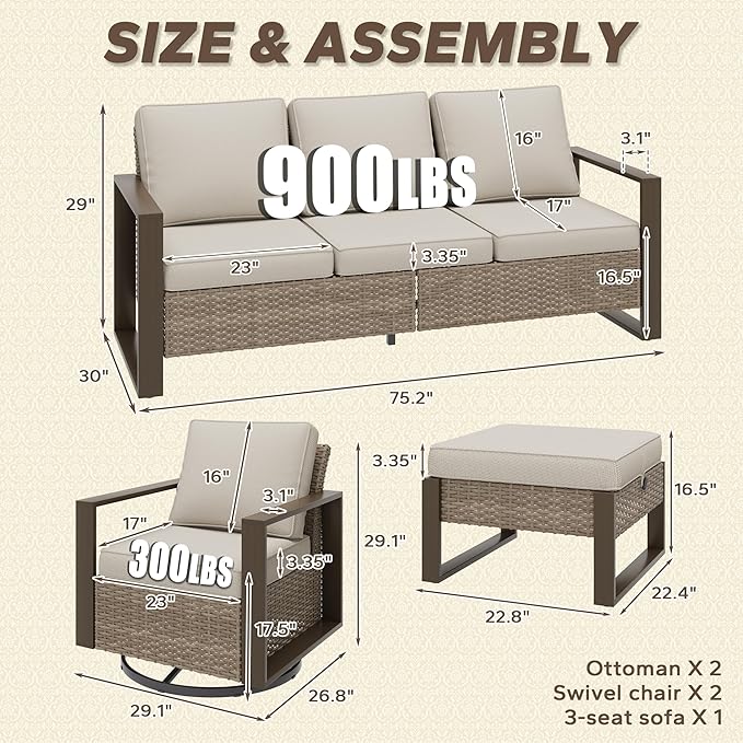 5 Pieces Metal Wicker Patio Furniture Set with 75" Sofa, Two Swivel Chairs and Two Ottomans, All Weather Rattan Outdoor Conversation Furniture with Washable Cushions for Porch, Beige
