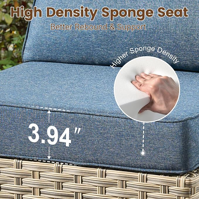 7 Pieces Wicker Patio Furniture Set,Outdoor Sectional Sofa with Coffee Table Comfy Cushions,Modern Modular Deep Seat Rattan Couch Conversation Set,Denim Blue