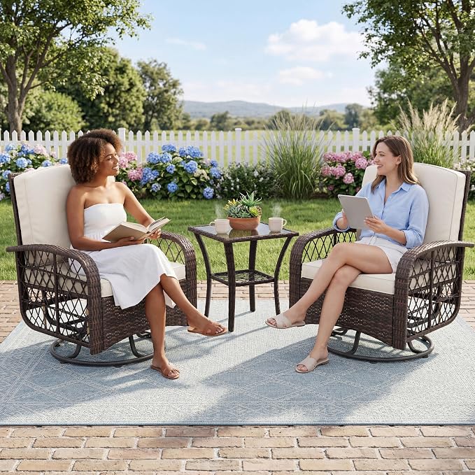 3 Pieces Patio Furniture Set, Outdoor Swivel Glider Rocker Set w/Washable Cushion and Tempered Glass Tabletop, Conversation Furniture for Deck Porch Balcony Backyard Garden,Brown & Beige