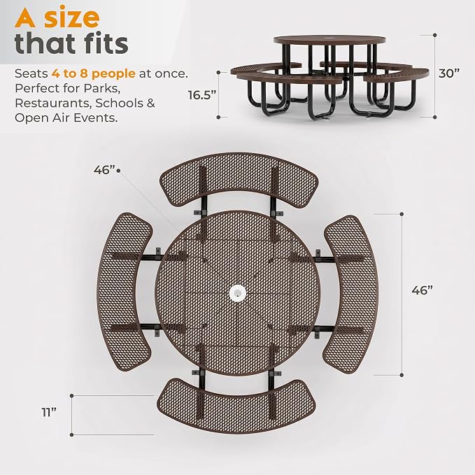 Metal Picnic Tables for Outdoors with Umbrella Hole - Coated Steel Heavy Duty Commercial Grade Furniture Set with Adjustable Seats (Brown, 46 in, Round, Expanded Steel)