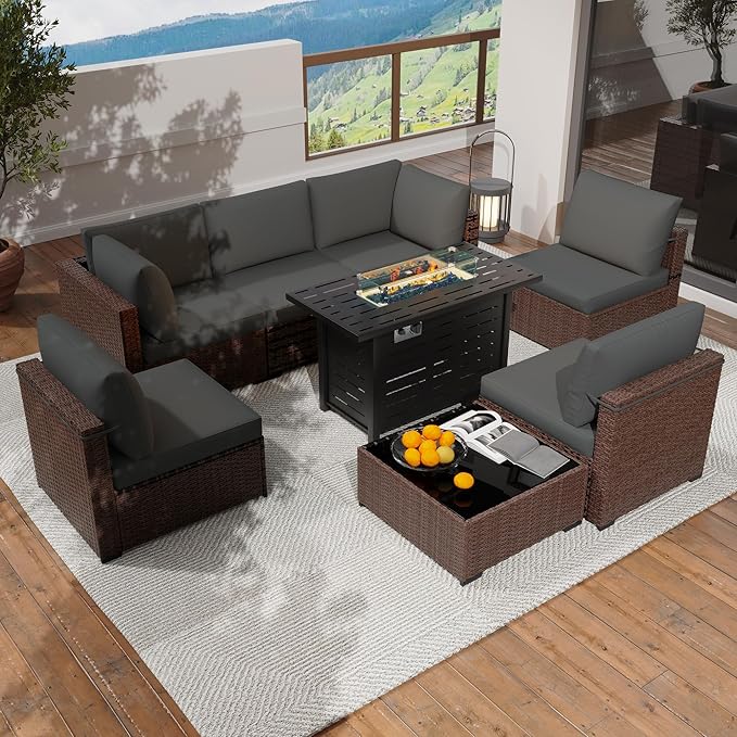 KIGOTY Patio Furniture Set with Fire Pit Table, 8 Pieces Outdoor Furniture Set with 43in Gas Fire Pit and Coffee Table, PE Rattan Patio Conversation Sofa Sets, Patio Sectional Sofa（Brown/Dark Grey）