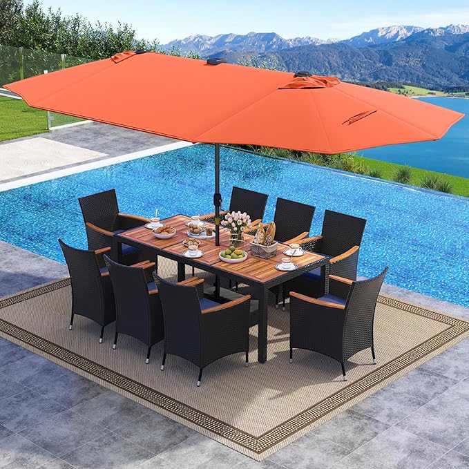 Tangkula 11 Pieces Patio Dining Set with Double-Sided Led Patio Umbrella (Base Included), with 8 Stackable Chairs, Acacia Wood Dining Table and Large Umbrella with Solar Lights (Orange + Navy)