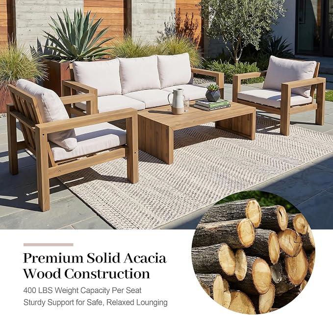 4 Pieces Patio Sofa Set Outdoor Seating Group 5-Person Sofa Set Outdoor Conversation Set with Cushions and a Coffee Table for Garden, Backyard,Balcony,Poolside (Light Teak#50)