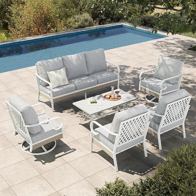 HERA'S HOUSE 6 Piece Metal Patio Furniture Set, All Weather Outdoor Conversation Set with 3-Seat Sofa, 2 Swivel Chairs, 2 Fixed Chairs & Coffee Table, 7 Seats for Backyard, Garden, Deck, White/Grey