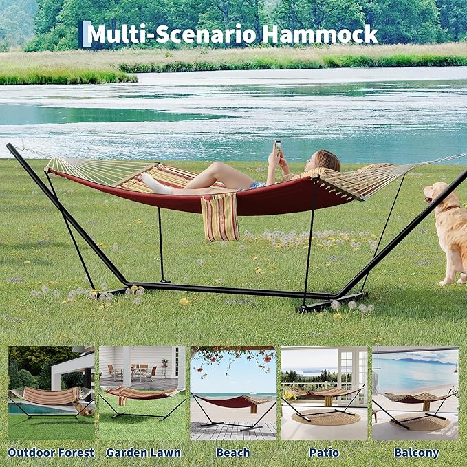 2-Person Hammock with Stand, 450lbs Capacity, Padded Polyester, Heavy-Duty Steel Frame, Portable Carry Bag for Patio, Backyard & Poolside