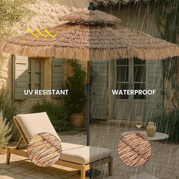 COSIEST 10FT Tiki Umbrella Outdoor Patio Hawaiian Thatched Shade With 8 Ribs Tilt Adjustment for Garden Pool Backyard Beach