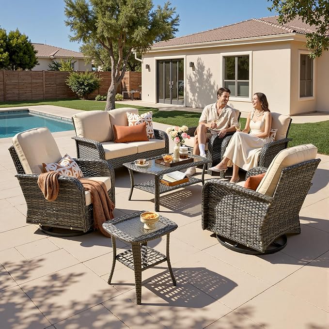 7-Piece Patio Furniture Set, Outdoor Wicker Furniture with Coffee Table, High Back Swivel Rocker Patio Chairs, Modern Rattan Outdoor Chairs Conversation Set for Porch, Balcony, Garden, Beige