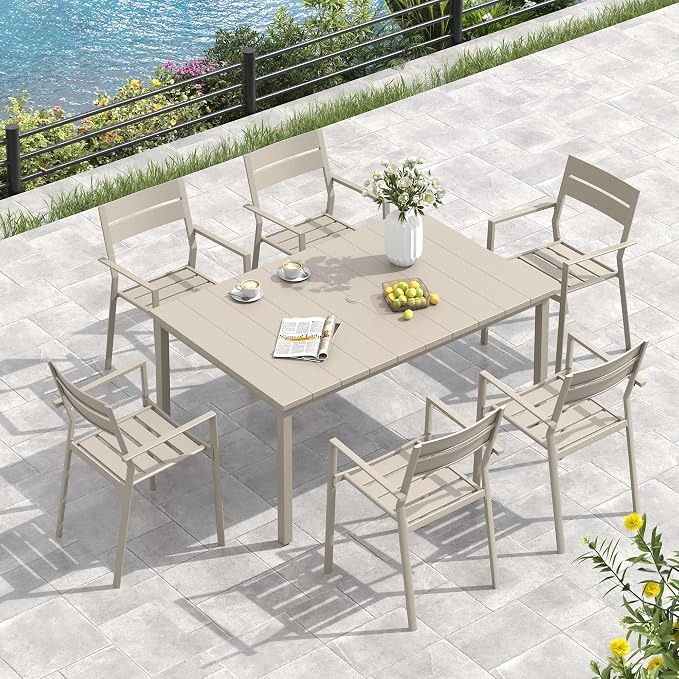 VICLLAX Outdoor Table for 6, Metal Patio Dining Table with Umbrella Hole for Garden Lawn Deck Backyard, Sandshell Tabletop