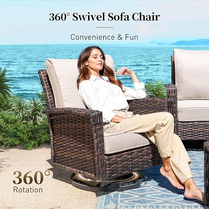 Patio Furniture Set with Swivel Chairs, High Back Wicker Rattan Furniture with 5.5" Thick Cushions, Fire Pit Table and Ottomans, All Weather Outdoor Conversation Set for Backyard Deck,7 Seats, Beige