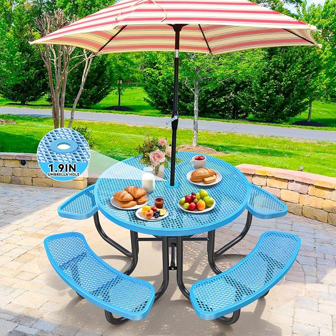 Ceridwen Heavy Duty Picnic Table with 4 Benches, Expanded Metal Steel Mesh Outdoor Patio Dining Table Bench Set with Umbrella Hole,Outdoor Patio Dining Table for Garden (Round, Blue, 46FT)
