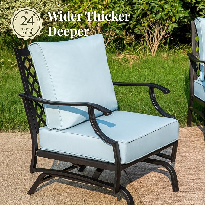 MIXPATIO Patio Furniture Set with Fire Pit Table, 5 Pcs Metal Outdoor Conversation Set, 4 Rocking Chairs with 5.75" Extra Thick Cushion and 28" Fire Pit Table for Backyard Deck, Blue
