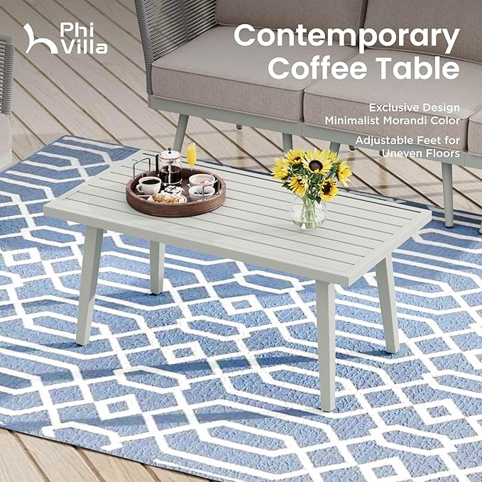 PHI VILLA 8-Piece Rope Rattan Patio Sectional Furniture Set,Modern Outdoor Conversation Set with Detachable Armrests and Grey Metal Frame,All Weather Patio Sofa with Coffee Table and Biege Cushions