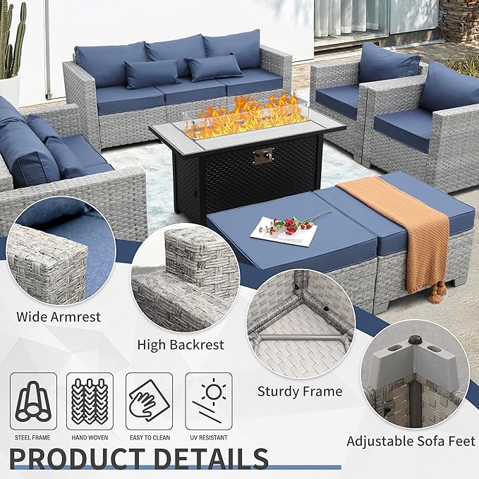 WAROOM Patio Furniture Set 7 Piece Grey Wicker Outdoor Conversation Sets PE Rattan Sectional Sofa with Large Fire Pit Table and Anti-Slip Navy Blue Cushion