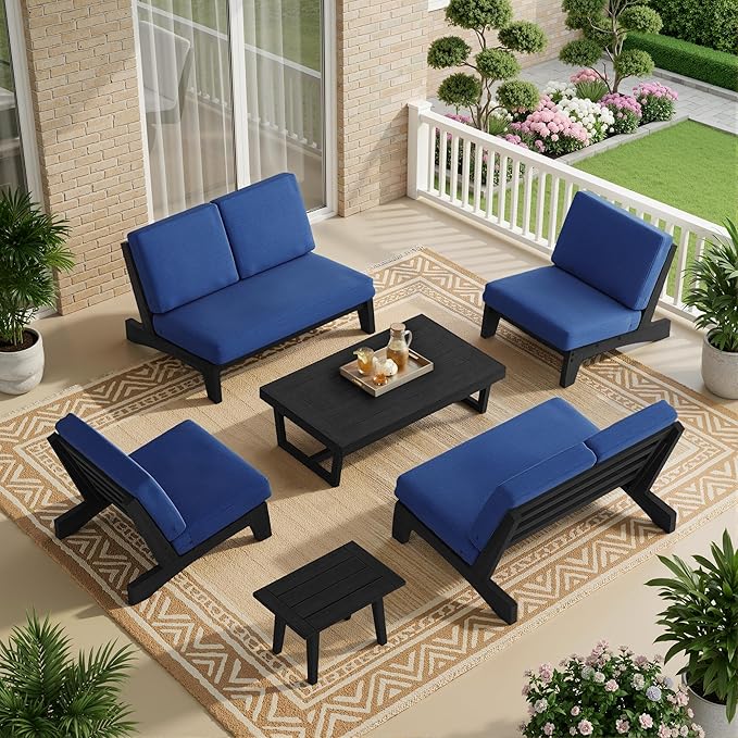 UIXE 6 Pieces All Weather Black Wood Patio Furniture Sets, 2 Patio Loveseat, 2 Patio Bistro Chair, Outdoor Sectional Sofa Furniture Backyard Conversation Set with Coffee Table - Navy