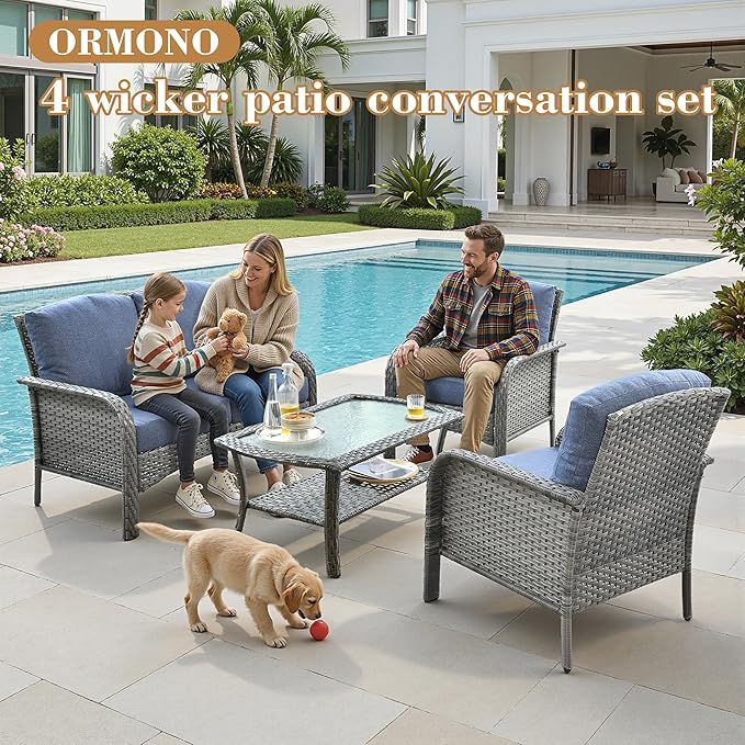 4 Pieces Patio Furniture Set, Small Outdoor Patio Set with Coffee Table, All-Weather Rattan Wicker High Back Conversation Set Loveseat with Chairs for Porch, Backyard, Balcony, Denim Blue