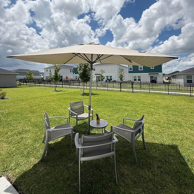 PURPLE LEAF 6 X 10 FT Semi-Auto Outdoor Patio Umbrella Market Table Sun Umbrellas with 6 Aluminum Sturdy Ribs for Backyard Deck Garden Pool (Gray Pole Beige Canopy)
