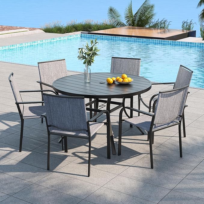 Anmutig 7-Piece Outdoor Dining Set, 48'' Round Table with 6 Stackable Chairs All Weather Furniture Set - Grey