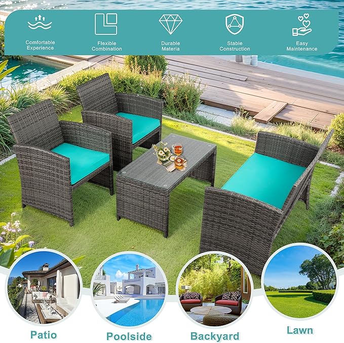 SUNLEI 4-Piece Outdoor Patio Furniture Set, Rattan Chair Wicker Conversation Set, Backyard Porch Garden Poolside Gray Rattan Sofa Set r with Cushion for Outdoor Indoor Use (Sky Blue)