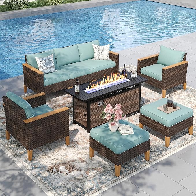 PHI VILLA 8-Piece Outdoor Sectional Patio Conversation Set with 56" Gas Fire Pit Table, Outdoor Rattan Furniture Patio Set for 7 Seats with Cushions, Blue